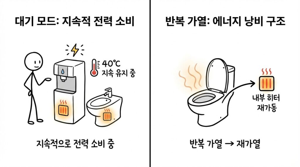 비데 정수기 온수 끄면 전기요금 얼마나 줄어들까를 설명 하는 과정에서 비데와 저장탱크 정수기가 온도를 유지하기 위해 계속 전기를 사용하는 구조를 설명하는 이미지