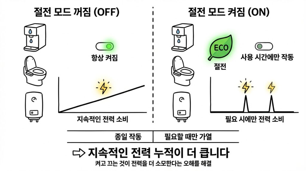 절전 모드를 켜지 않아 가전이 상시 가동되는 상황과 절전 모드 사용 시 차이를 보여주는 이미지