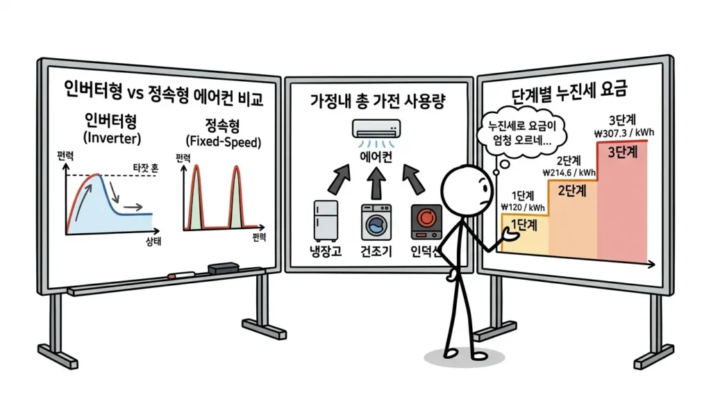 에어컨 24시간 켜두면 전기요금 소비전력과 집 전체 사용량 그리고 누진 구간에 따라 달라지는 구조 설명