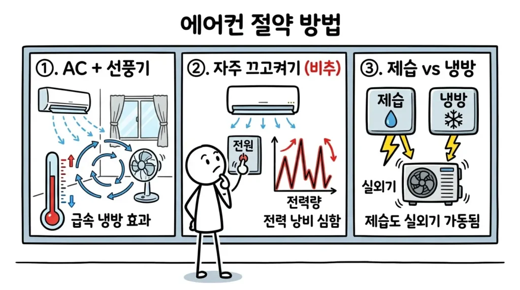 에어컨 하루 8시간 사용 전기요금 절약을 위해 선풍기 공기 순환과 인버터 사용 습관 그리고 제습 모드 오해를 설명