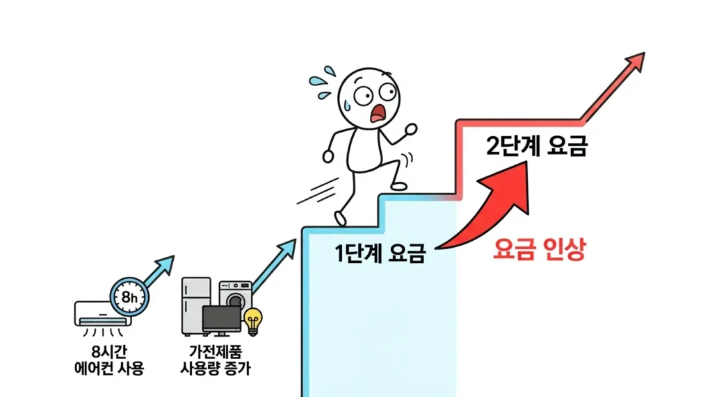 에어컨 하루 8시간 사용 전기요금 누진 구간을 넘는 순간 단가가 올라 체감 요금이 달라지는 구조 설명