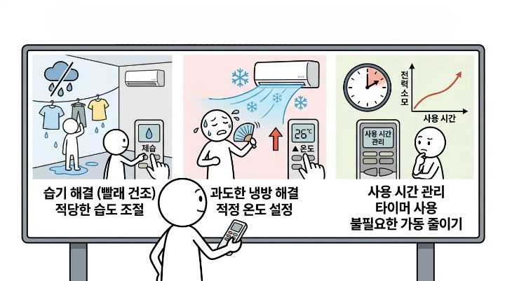 에어컨 제습 모드 전기요금 차이보다 사용 시간 관리가 전기요금에 더 영향을 주는 사용 방법 설명