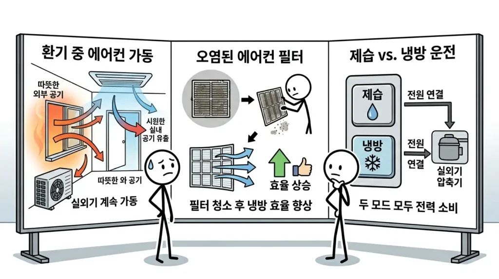 에어컨 약풍 강풍 전기요금 차이 창문 개방과 필터 막힘 그리고 제습 사용이 전력 효율에 미치는 영향 설명