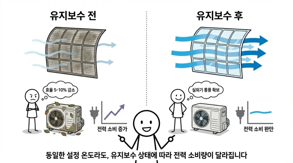 오래된 가전제품 쓰면 전기요금이 많이 나오는 이유를 에어컨 필터와 실외기 오염으로 냉방 효율이 떨어지는 상황을 보여주는 이미지