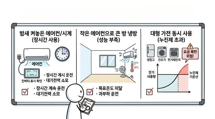 에어컨 오래된 모델 전기요금 차이 체감이 유지 운전 시간과 용량 선택 그리고 누진 구간에 따라 달라지는 구조 설명