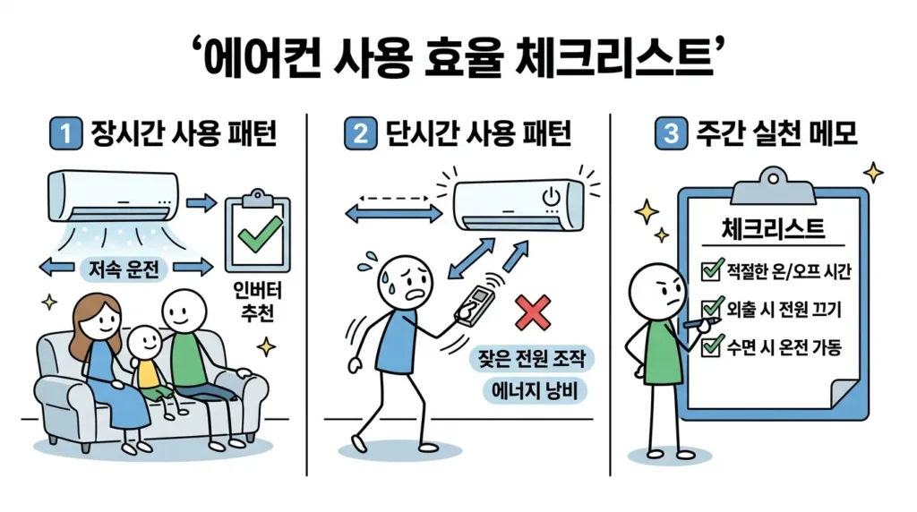 에어컨 오래된 모델 전기요금 차이 판단을 위해 사용 시간과 유지 운전 패턴을 확인하는 선택 가이드 설명