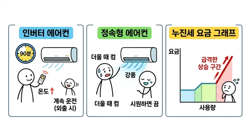 에어컨 계속 켜두는 것과 껐다 켜는 것 전기요금 차이 인버터와 정속형 그리고 누진 구간에 따른 사용 전략 설명