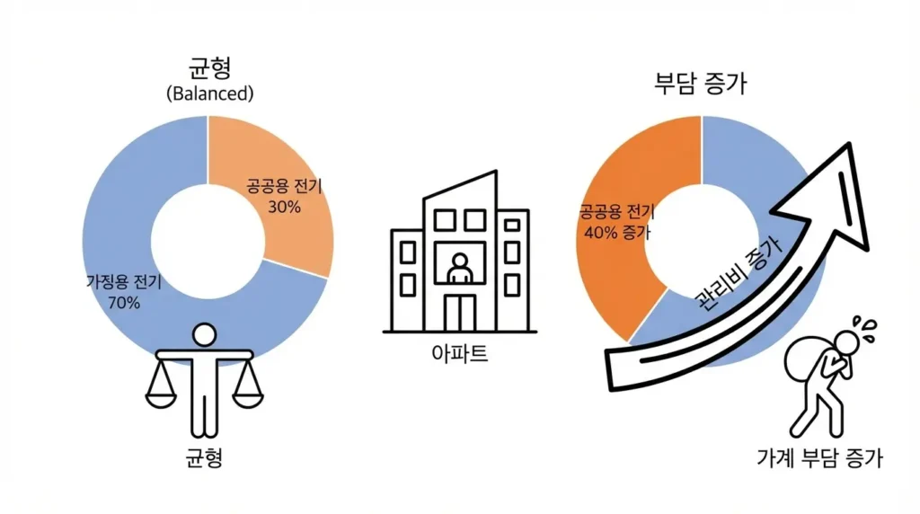 우리 아파트 전기요금이 다른 이유를 설명하는 과정에서 아파트 공용전력 비중이 30퍼센트를 넘으면 단일계약에서 세대 관리비 체감이 달라질 수 있는 구조를 설명하는 이미지