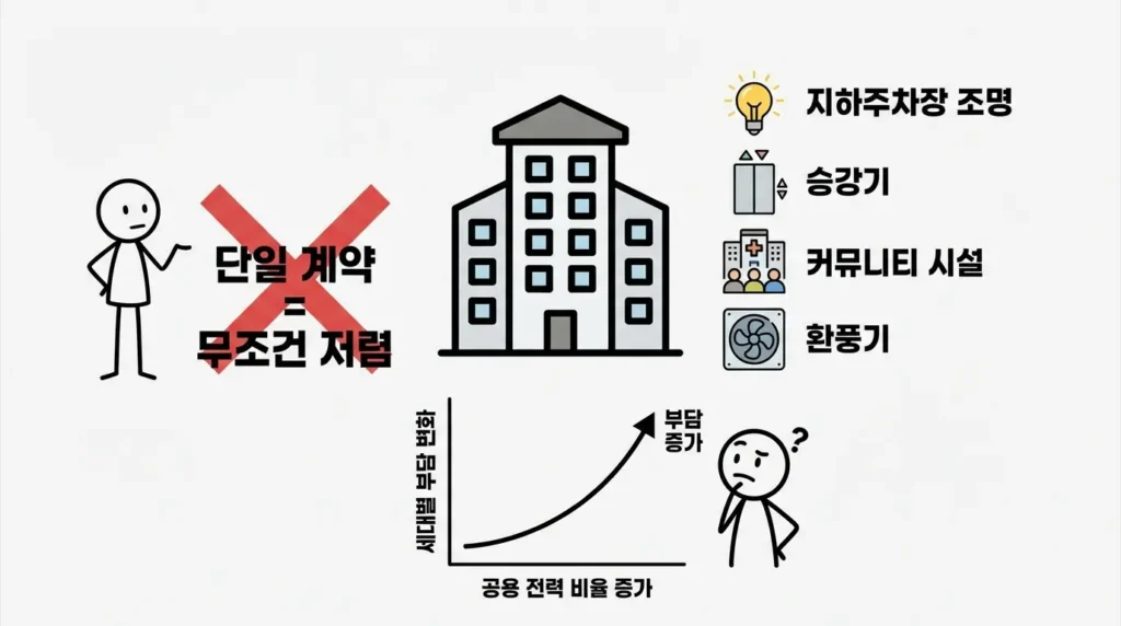 아파트 전기 단일계약이 항상 저렴한 것은 아니며 지하주차장 조명과 엘리베이터 등 공용전력 비중에 따라 세대 전기요금 체감이 달라질 수 있음을 설명하는 이미지