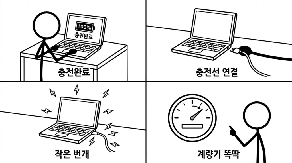 노트북 충전기 계속 꽂아두면 전기요금이 나오는 상황을 설명하는 이미지
