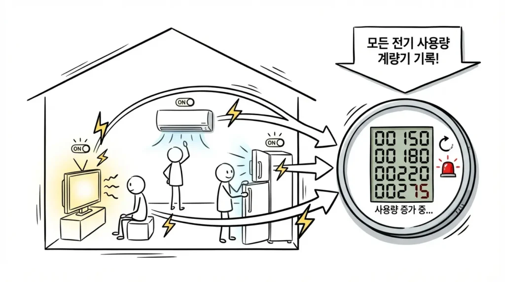 전기요금 이상 시 전기 도둑이 있는지 확인 하는 방법 설명 이미지.콘센트보다 계량기부터 확인해야 하는 이유 설명 스틱맨 이미지