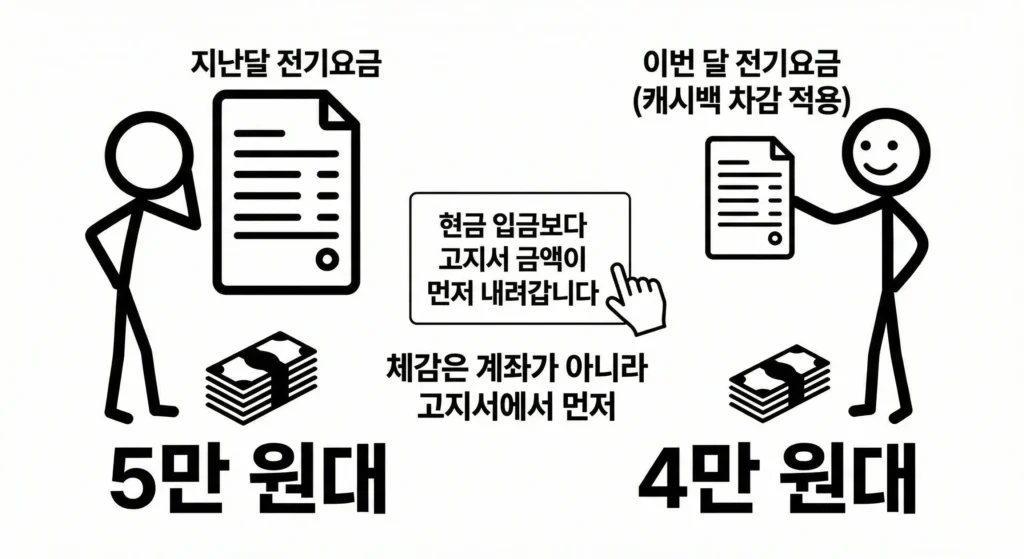 에너지 캐시백 적용 전후 전기요금 고지서 금액 변화 비교 이미지