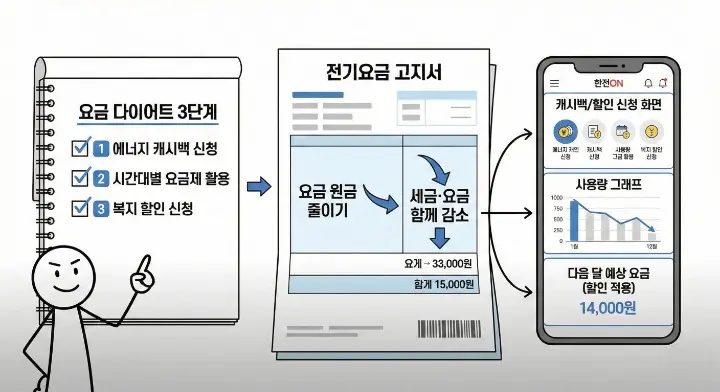 전기요금 원금을 줄여 세금과 전체 요금 부담을 함께 낮추는 절감 전략 이미지