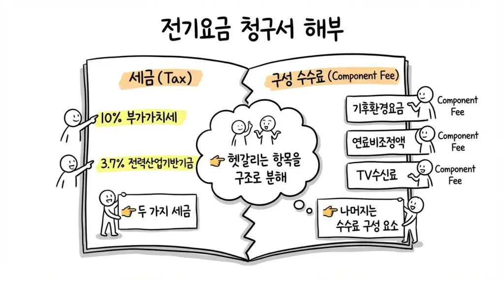 전기요금 고지서에서 세금 항목과 기타 요금 구성 항목을 구분해 설명하는 장면