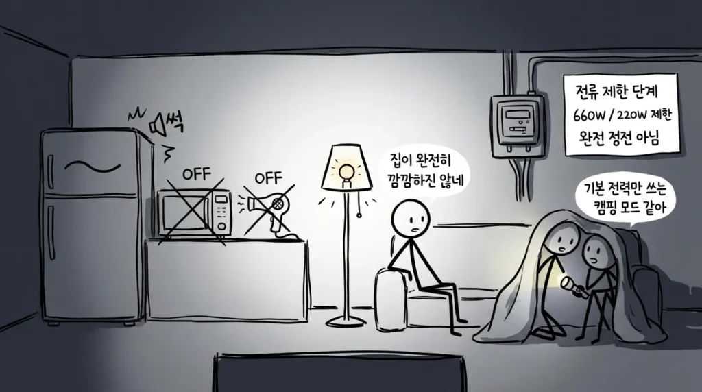 전기요금 미납 후 전류 제한 단계에서 최소 전력만 사용 가능한 실내 모습