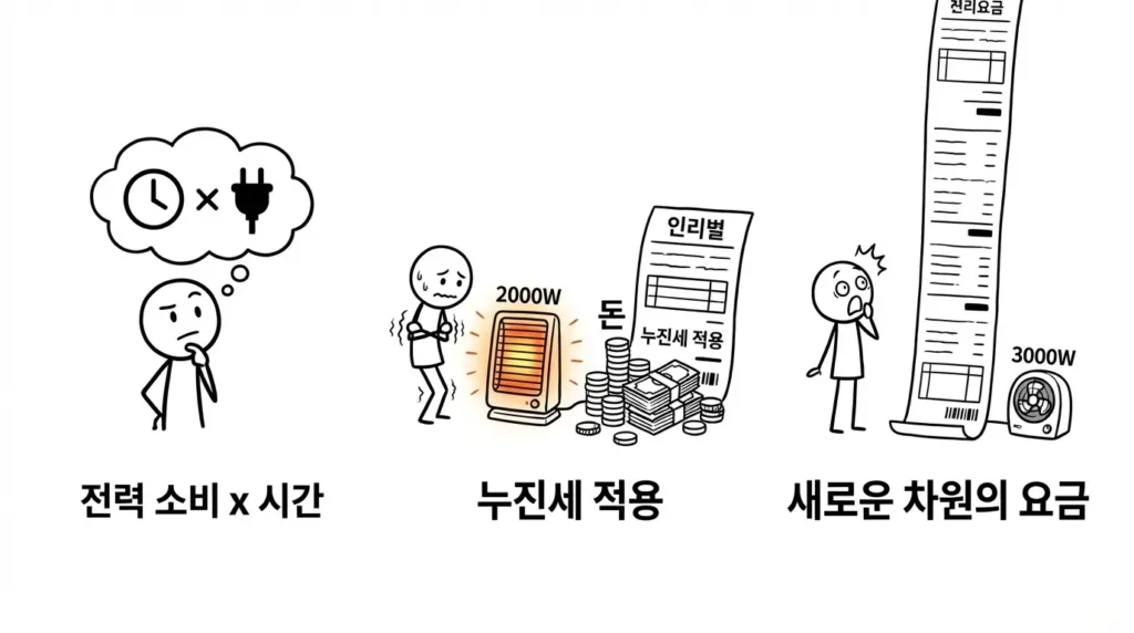 겨울철 전기요금이 여름보다 더 무서운 이유를 시간과 전력소비로 설명하는 이미지