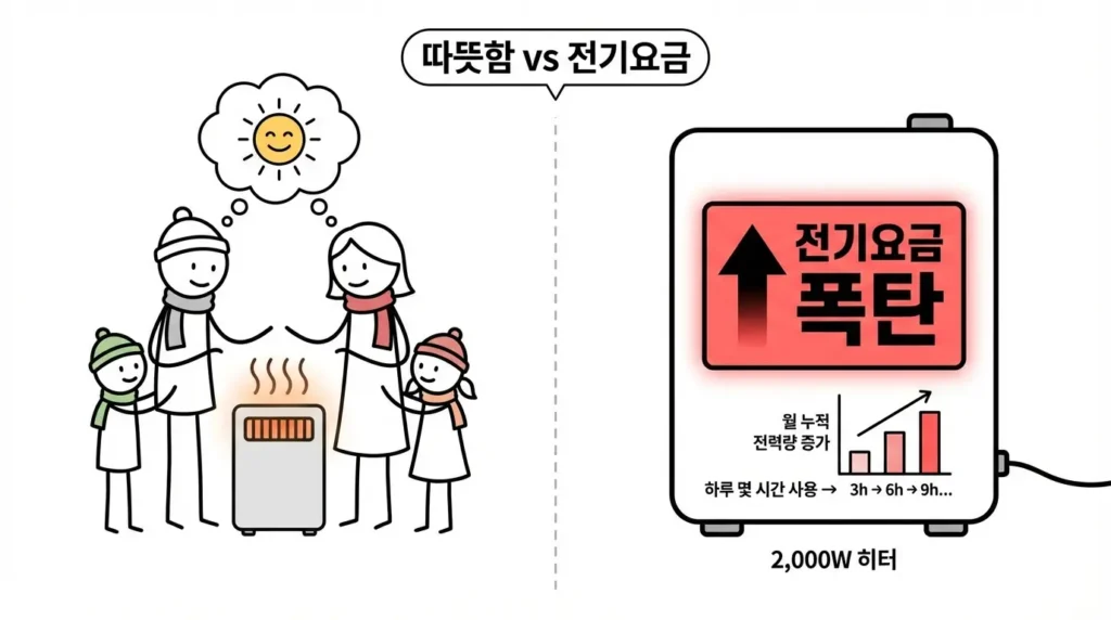거겨울철 전기요금이 여름보다 더 무서운 이유를 실 주난방으로 온풍기를 장시간 사용해 전기요금이 크게 늘어난 상황으로 설명 하는 이미지