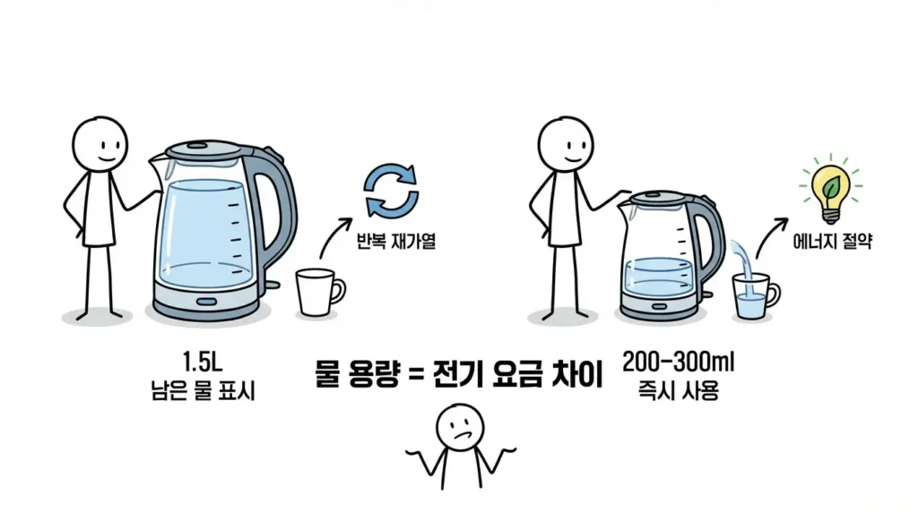 전기포트 물을 많이 채워 반복 가열하는 습관과 적정 용량 사용 전기포트 전기세 비교 이미지