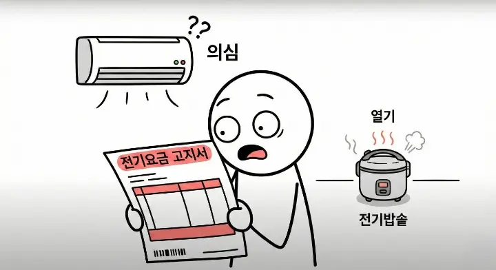 전기밥솥 보온 기능이 왜 에어컨보다 전기를 많이 먹나를 설명하는 스틱맨 이미지