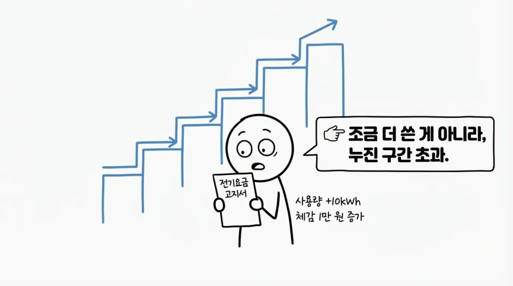 전기 사용량이 누진 구간을 넘으며 요금이 크게 상승한 상황 설명 이미지