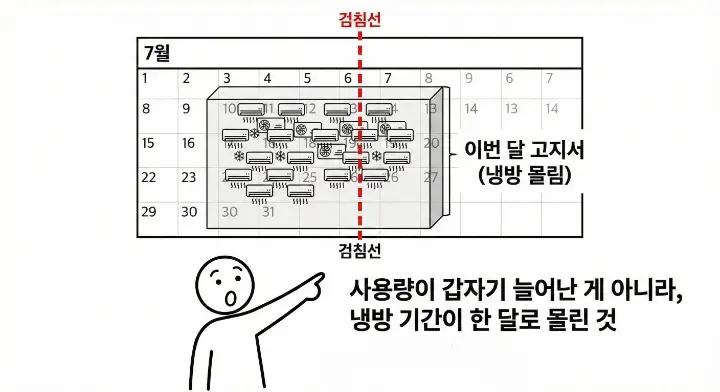 전기요금 사용량은 줄었는데 금액이 오른 이유가 전기요금 검침일에 따라 전기세가 쏠릴수 있음을 설명하는 이미지