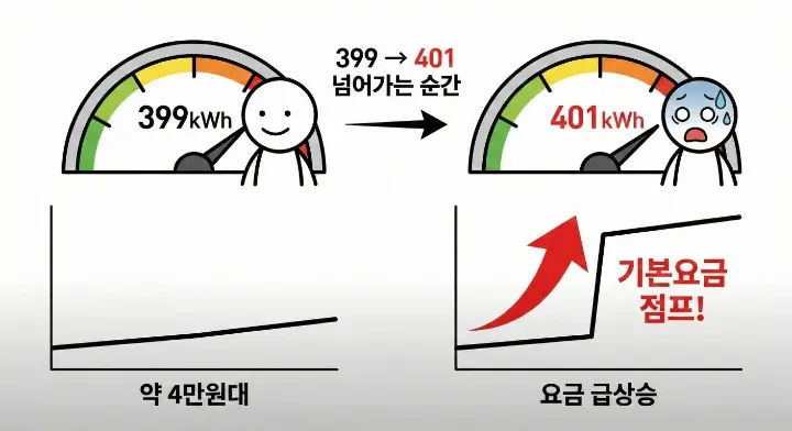 전기요금 누진 구간에서 400kWh 초과 시 기본요금이 급격히 상승하는 구조 설명 이미지