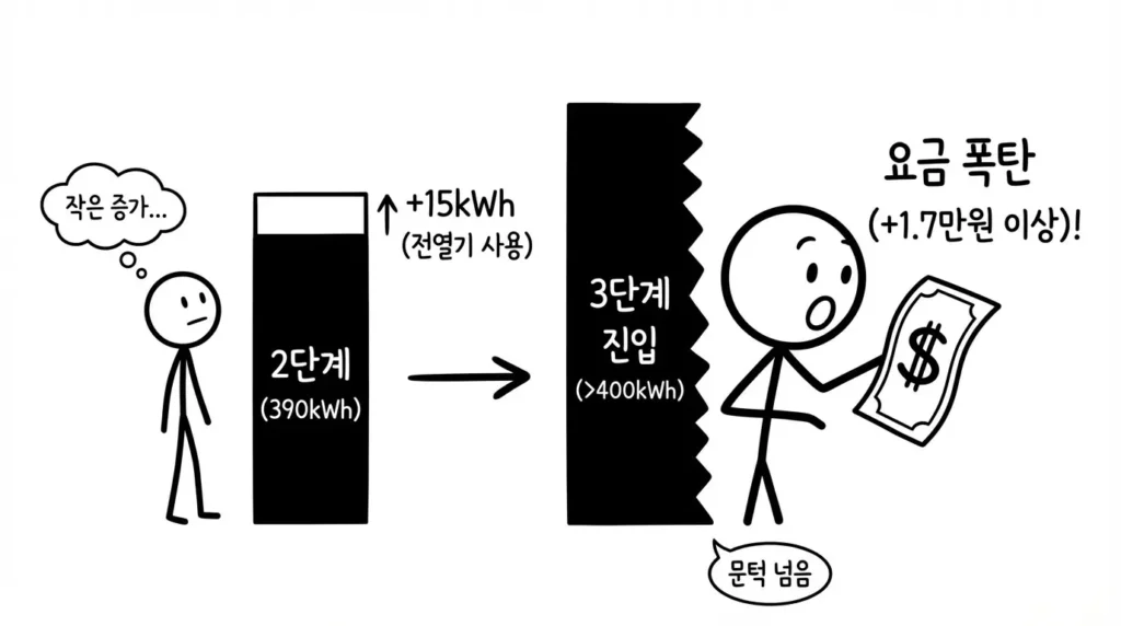 전기 사용량이 400kWh를 넘어 누진 3단계로 진입하며 요금이 크게 상승하는 구조 설명 이미지