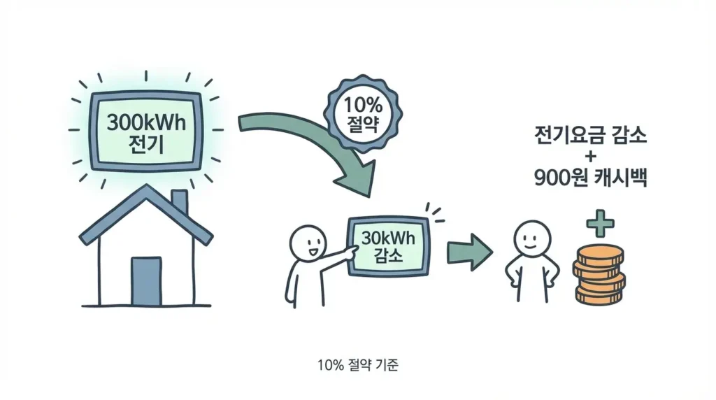 에너지 캐시백 신청 사례 300kWh 사용 가구 기준 절감률에 따른 환급 계산 흐름 설명 스틱맨 이미지