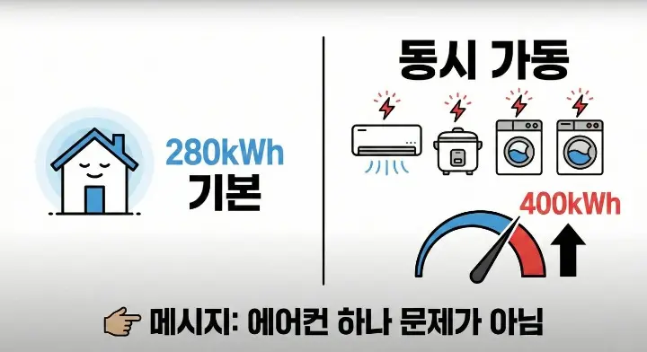 누진제 3단계 진입을 막는 현실적인 방법에서 4인 가구가 여러 가전을 동시에 사용하면서 전기 사용량이 빠르게 증가하는 구조 설명 이미지