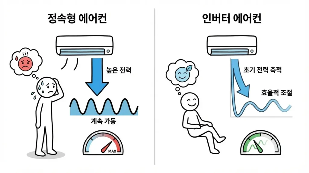 이사 직후 전기요금이 많이 나오는 이유를 정속형 에어컨과 인버터 에어컨을 비교하는 이미지