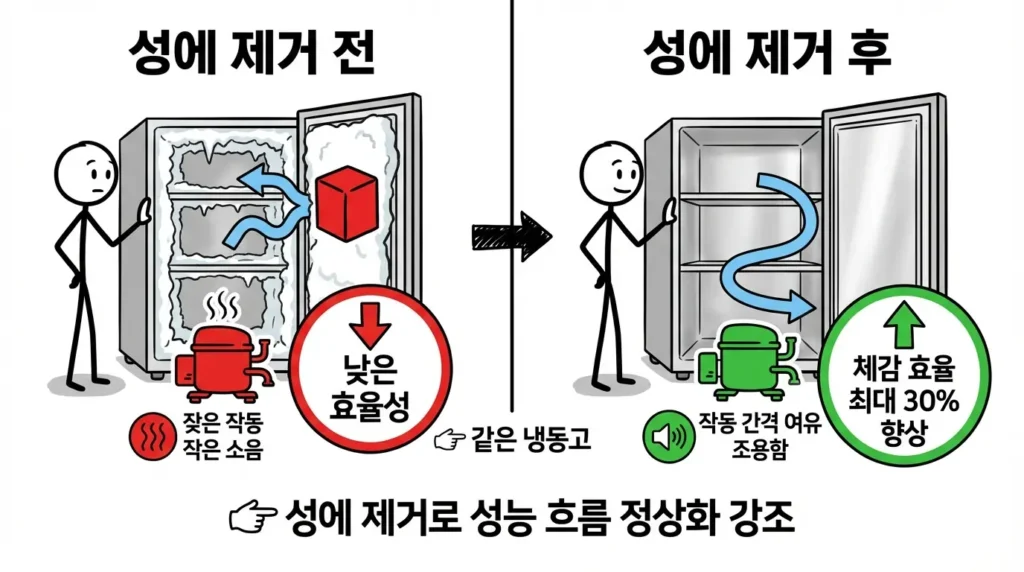 냉동실 성에 제거 전후 냉기 순환과 냉동 효율 차이를 보여주는 이미지