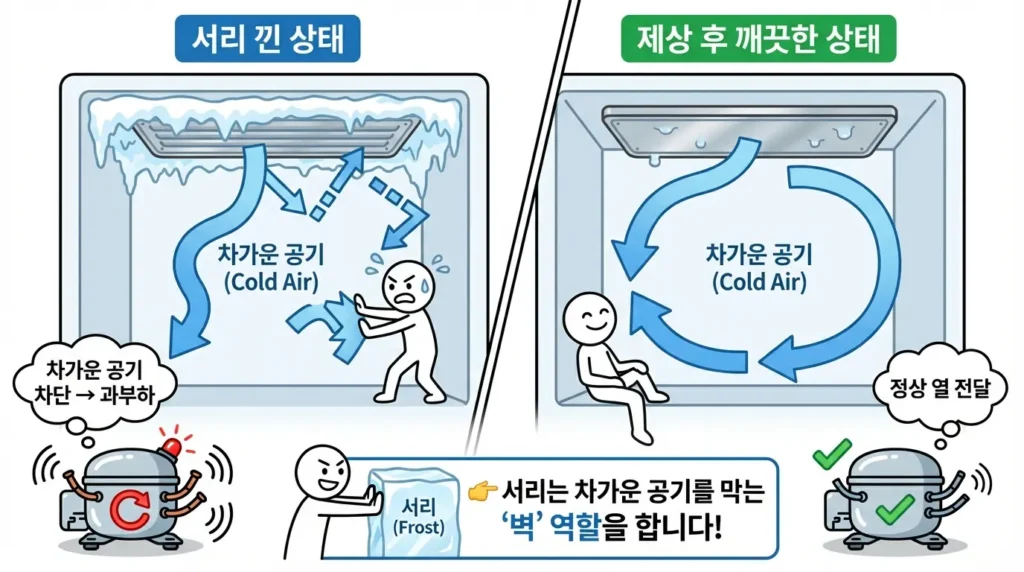냉냉동실 성에 많으면 전기요금이 더 나오는 구조. 냉기 순환을 막아 압축기가 더 자주 작동하는 구조를 보여주는 이미지