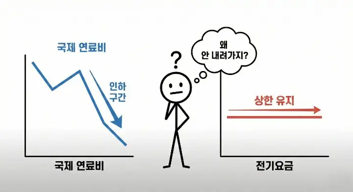 국제 연료비는 하락했지만 전기요금 연료비 조정단가는 상한 유지로 내려가지 않아 체감 요금이 오른 것처럼 느껴지는 구조 설명 이미지