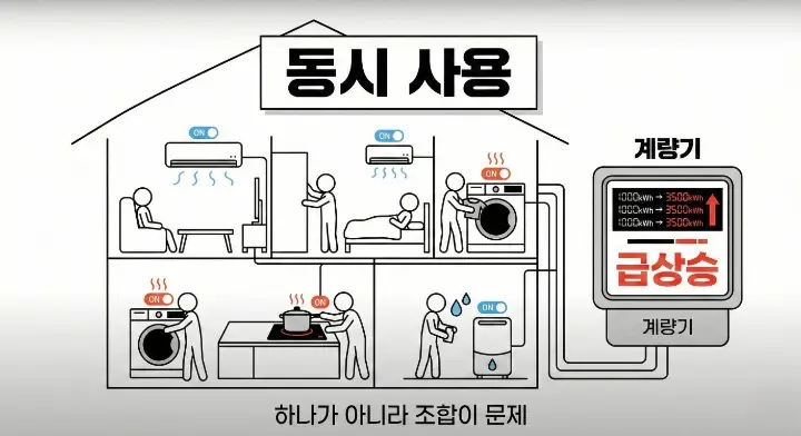 에어컨 건조기 인덕션 등 고전력 가전 동시 사용으로 전기 사용량이 급증하는 상황 설명 스틱맨 이미지