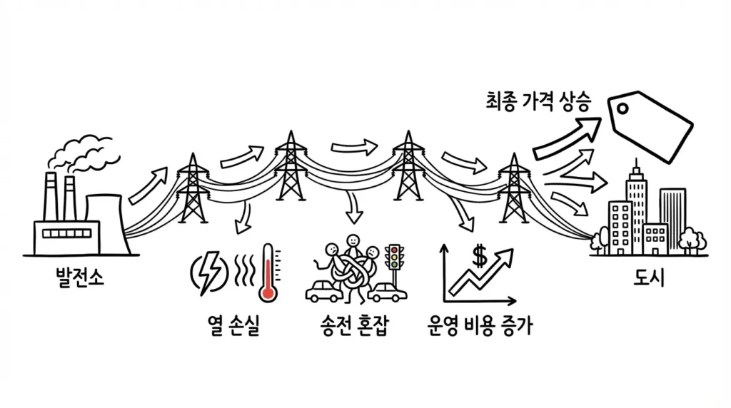 전기요금 지역별 차이가 생기는 이유를 설명.발전소에서 도시까지 전기를 멀리 송전할수록 손실과 비용이 증가하는 구조를 보여주는 이미지 