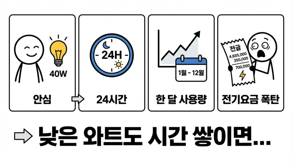 전기밥솥 낮은 와트수에 안심했다가 한 달 전기 누적으로 놀라는 스틱맨 이미지