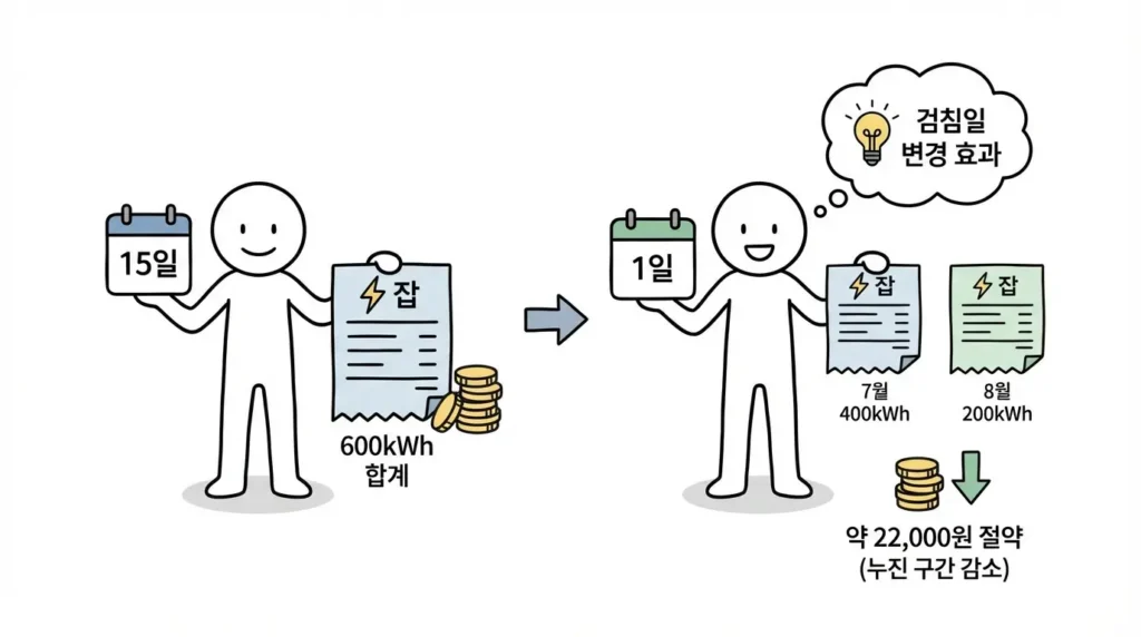 전기세 두 달 합쳐 나온 느낌, 검침일 때문일수 있는 상황을  전기 사용량이 분산되어 요금 체감이 줄어드는 구조 설명 이미지