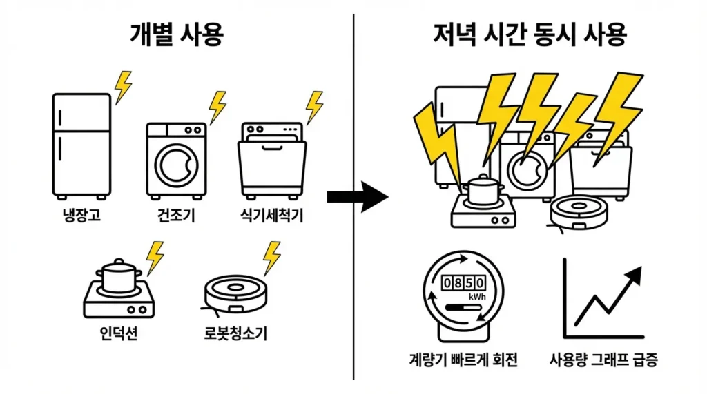 혼수 가전 동시 가동 시 전기 사용량 급증 구조 설명
