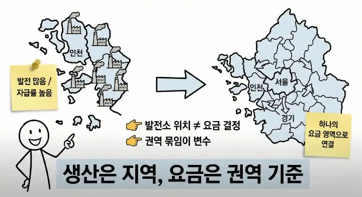 발전소가 많은 지역이라도 전력 권역에 따라 전기요금 구조가 달라질 수 있음을 설명하는 이미지