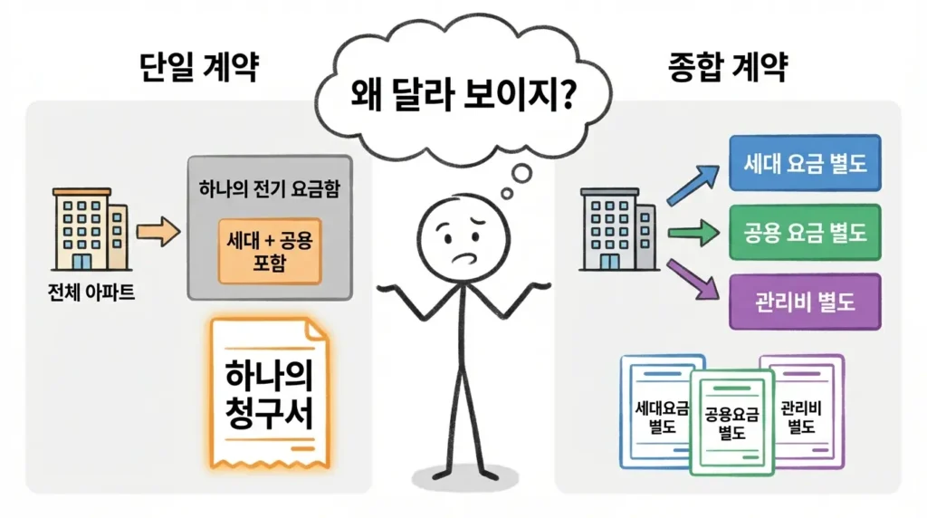 아파트 주택용 고압과 저압 요금 차이를 단일계약과 종합계약에 따라 아파트 전기요금 체감이 달라지는 구조를 설명하는 이미지