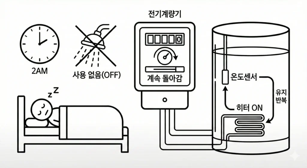 저장식 온수기 밤에도 전기 계속 사용하는 구조 대기전력 발생 이유