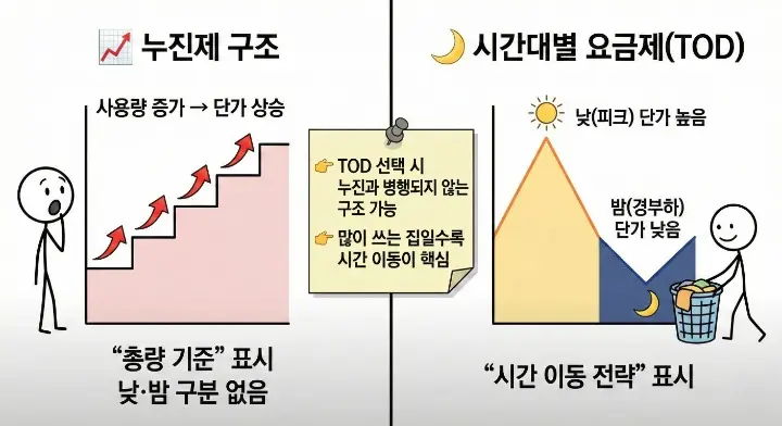전기요금 절약되는 사용 시간대는 언제를 설명하는 과정에서 TOD 선택 시 누진과 병행되지 않는 구조 가능을 시사하는 이미지