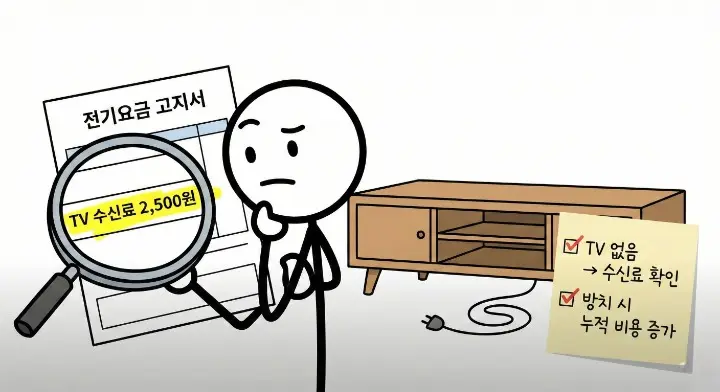 TV가 없는데도 전기요금에 수신료가 합산된 고지서를 확인하는 장면