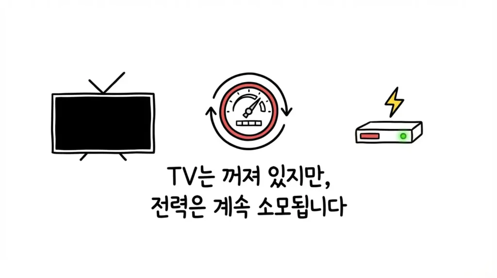 멀티탭 안 끄면 한달 전기세와 연관된 셋톱박스 대기전력 TV 꺼도 전기 계속 사용되는 이유를 설명하는 이미지