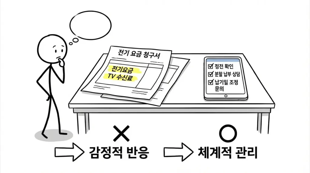 전기요금과 TV 수신료를 분리 확인하고 분할 납부와 납기일 조정을 상담하는 장면