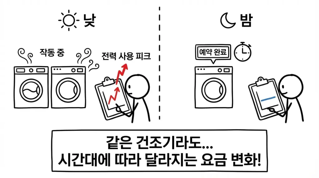 세탁 후 바로 건조기를 사용할 때와 경부하 시간대에 예약 건조할 때 전기요금 차이를 보여주는 이미지