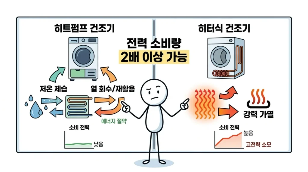 건조기의 히트펌프 방식과 히터식 방식의 전기요금 차이를 시각적으로 비교한 이미지입니다. 히트펌프는 열 재활용을 통해 효율이 좋으며, 히터식은 높은 전력 소모로 인해 요금이 더 많이 나올 수 있음을 보여줍니다.
