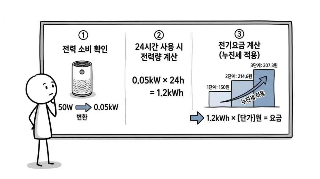 공기청정기 하루 종일 켜두면 전기요금 소비전력 W를 kWh로 바꿔 계산하는 방법 설명