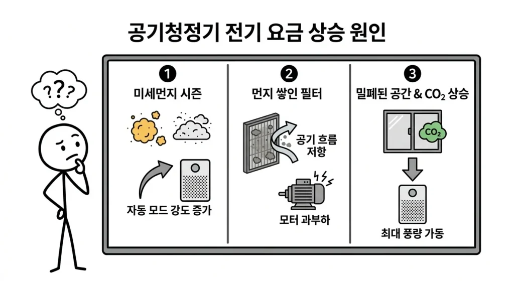 공기청정기 계속 켜두면 전기요금 갑자기 비싸 보이는 계절 요인과 필터 막힘 그리고 환기 부족 원인 설명