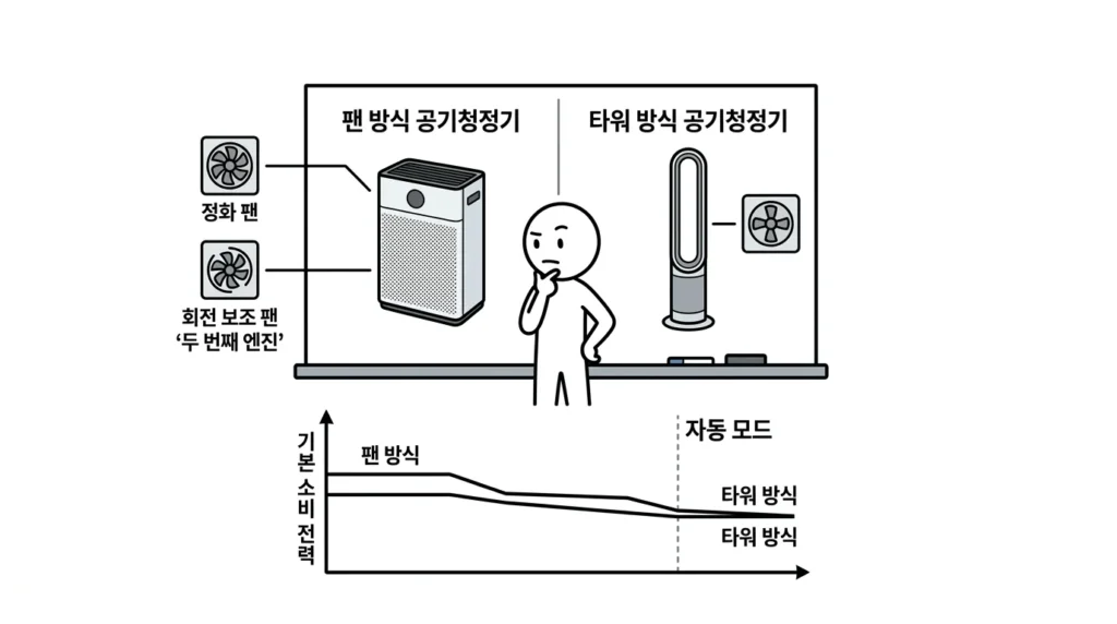 공기청정기 선풍기형 vs 타워형 요금차이 보조 팬 구조에 따른 기본 전력 차이 설명